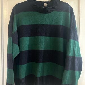 H&M Green and Black Striped Crew Neck Sweater